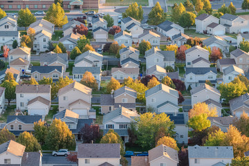 Aerial view of a modern housing estate with trees