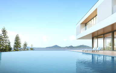 Poster - Perspective of luxury modern house with swimming pool in day time on pine trees and  sea background, Idea of minimal architecture design. 3D rendering.