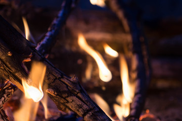 Burning bonfire close-up. Abstract background. Concept of nature and danger