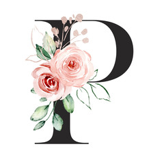 Wall Mural - Letter p, alphabet with watercolor flowers roses and leaf. Floral monogram initials perfectly for wedding invitation, greeting card, logo, poster and other. Holiday design hand painting.