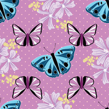 Seamless Butterfly Pattern With Blue And Purple Butterflies And Flowers On Purple Polka Dots Background