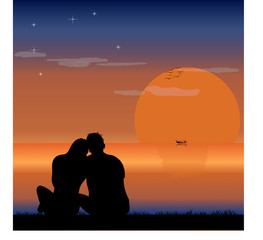 Couples sitting together looking at the sunset silhouette vector illustration graphic design