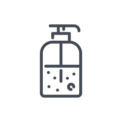 Poster - Liquid soap bottle line icon. Pump bottle vector outline sign.