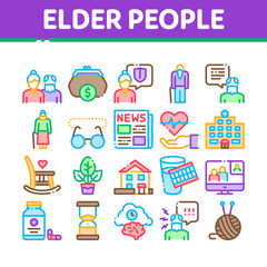 Poster - Elder People Pensioner Collection Icons Set Vector Thin Line. Medicine Pills For Elder People, Glasses, Hospital, Newspaper And Plant Concept Linear Pictograms. Color Contour Illustrations