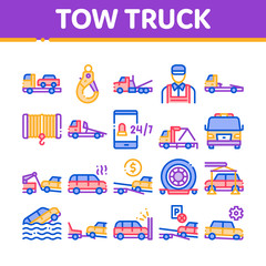 Poster - Tow Truck Transport Collection Icons Set Vector Thin Line. Tow Truck Evacuating And Transportation Broken Car, Winch And Hook Concept Linear Pictograms. Color Contour Illustrations