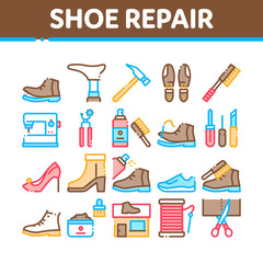 Poster - Shoe Repair Equipment Collection Icons Set Vector Thin Line. Shoes Repair Tools And Scissors, Sewing Machine And Hammer, Cream And Brush Concept Linear Pictograms. Color Contour Illustrations