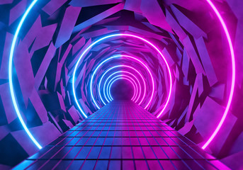 Poster - Futuristic sci fi scene with blue and pink neon lights tunnel abstract background. technology concept. 3d rendering