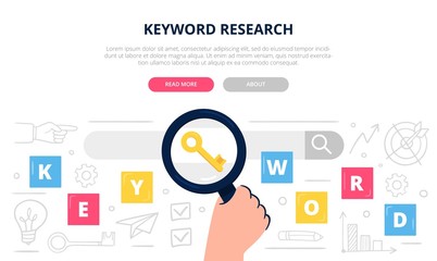 Fototapete - Colorful Keyword Search illustration with many doodle elements. Hand holds a large magnifying glass searching for keys to improve website page rank. Flat Vector illustration.