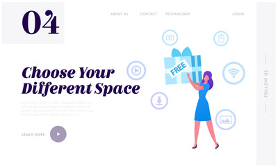 Poster - Free Download Internet and Torrent Network Service Website Landing Page. Woman Holding Huge Wrapped Gift Box in Hands with Media Icons for App around Web Page Banner. Cartoon Flat Vector Illustration