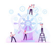 © Pavlo Syvak - Corporate Governance and Team Work Concept. Group of Businesspeople Trying to Move Huge Steering Wheel under Management of Businessman with Spy Glass Stand on Top. Cartoon Flat Vector Illustration