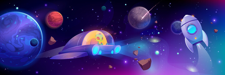 Wall Mural - alien flying in space ship. cute extraterrestrial monster with green skin driving ufo in outer cosmo