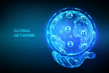 Wall Mural - Global network connection. Earth globe illustration. Abstract polygonal planet in hand. Low poly design. Concept of global business. Futuristic internet connection background. Vector Illustration.