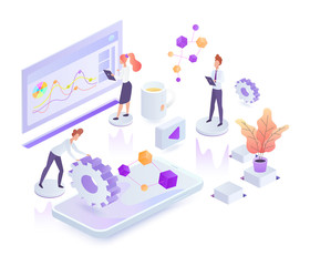Poster - Creative process white isometric vector illustration. Corporate management. Collaboration and teamwork in company. Innovative digital services. Virtual platform cartoon conceptual design element