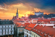 Bratislava. Aerial cityscape image of historical downtown of Bratislava, capital city of Slovakia during sunset.