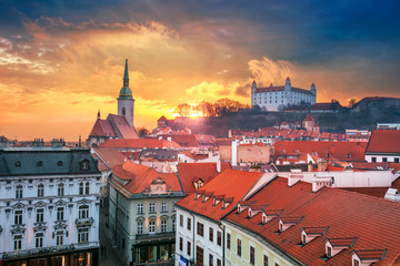 Poster - Bratislava. Aerial cityscape image of historical downtown of Bratislava, capital city of Slovakia during sunset.