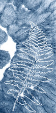 Vector Fern Leaves On Abstract Indigo Tie Dye Background. Hand Drawn Plants  On Blue Decorative Texture. Clipping Mask Is Used For Further Easy Editing.