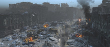 Apocalypse Survivor Concept, Ruins Of A City. Apocalyptic Landscape 3d Render , 3d Illustration Concept	