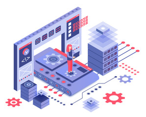 Aufkleber - Datacenter isometric vector illustration. Engineering and administration. Computing technology. Motherboard and mechanical circuit. Hardware maintenance service cartoon conceptual design element