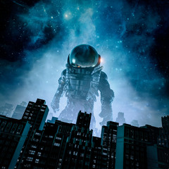 Wall Mural - dark space messenger / 3d illustration of retro science fiction scene with scary mysterious astronau