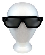 Styrofoam Head Wearing Dark 3D Glasses.