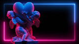 Fototapeta Do pokoju - Sculpture Of Two Cubidons Hold A Big Heart In Neon light On A Dark Background. Abstract Background For Love Theme. Double Exposure. Valentines Day Background