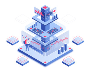 Aufkleber - Trading platform isometric vector illustration. Woman checking dashboard. Review and research. Digital technology. Economy an banking. Stock analisys. E-commerce cartoon conceptual design element
