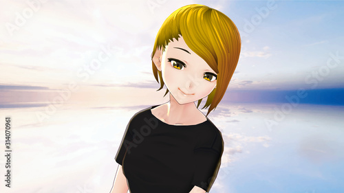 anime girl cartoon character blonde hair with a smile and