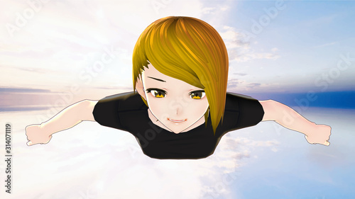 anime girl cartoon character flying blonde hair with a smile