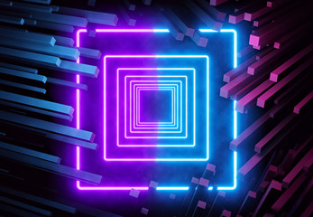 Poster - Futuristic abstract blue and violet glowing neon lights. geometric shapes. 3d rendering