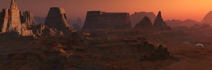 Wall Mural - Mars at sunset, panorama of Mars, Martian base, 3D rendering