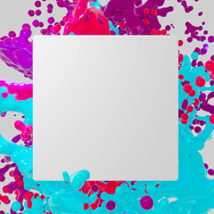 Wall Mural - White square prepared for text with abstract colorful splash in blue and violet color. 3D illustration