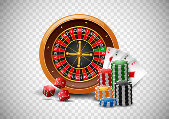 Casino roulette wheel with chips poker, playing cards and red dice on isolated transparent background. Vector illustration 