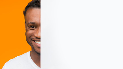 Poster - Afro Guy Looking Out Of White Poster, Orange Background, Mockup