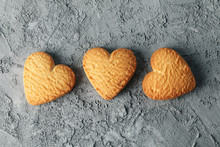 Heart Shaped Cookies On Grey Background, Space For Text