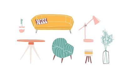 Poster - Furniture pieces hand drawn vector illustrations set. Home decor design elements isolated on white background. Cartoon sofa, potted plant and table lamp. Minimalist armchair and wooden stool.