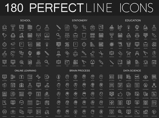 Aufkleber - 180 modern thin line icons set on dark black background. School, stationery, education, online learning, brain process, data science isolated