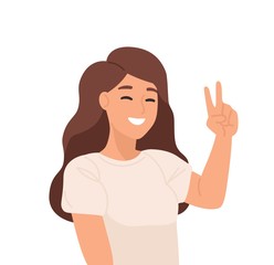 smiling young girl flat vector illustration. sign language, gesticulation, peace gesture. good mood,