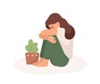 Sad young girl flat vector illustration. Bad mood, melancholy, sorrow, negative emotions concept. Crying woman hugging her legs and flowerpot cartoon character isolated on white background.
