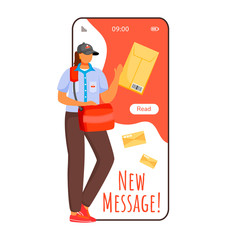 Poster - New message cartoon smartphone vector app screen. Delivery tracking notification. Woman in UK uniform. Mobile phone displays with flat character design mockup. Application telephone cute interface