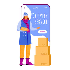 Poster - Delivery service cartoon smartphone vector app screen. Ordering online. Woman in winter clothes. Mobile phone displays with flat character design mockup. Application telephone cute interface