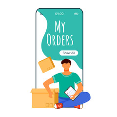 Poster - My orders cartoon smartphone vector app screen. Delivery service online. Man sitting with package. Mobile phone displays with flat character design mockup. Application telephone cute interface