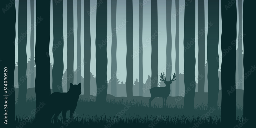 wolf is watching elk in green forest wildlife nature landscape vector illustration EPS10 - obrazy, fototapety, plakaty 