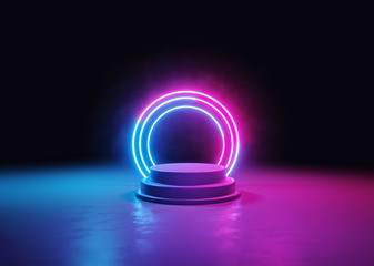 Poster - stage podium with Glowing neon lights, abstract background. vibrant colors. technology concept, laser show. 3d rendering
