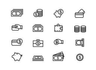 Wall Mural - Set of money icons. Purse, visa, hand with coin, teddy bear of money, ATM, piggy piggy bank. Vector graphics on a white background in a flat style.