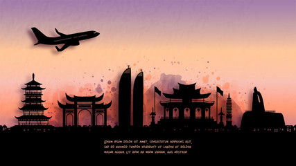 Wall Mural - watercolor of xiamen, china silhouette skyline and famous landmark. vector illustration.