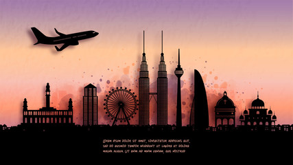 Fototapete - Watercolor of Kuala Lumpur, Malaysia silhouette skyline and famous landmark. vector illustration.