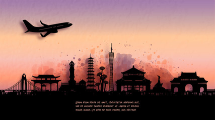 Fototapete - Watercolor of Guangzhou, China silhouette skyline and famous landmark. vector illustration.