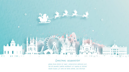 Fototapete - Christmas card with travel to Moscow concept. Cute Santa and reindeer. World famous landmark in paper cut style vector illustration.
