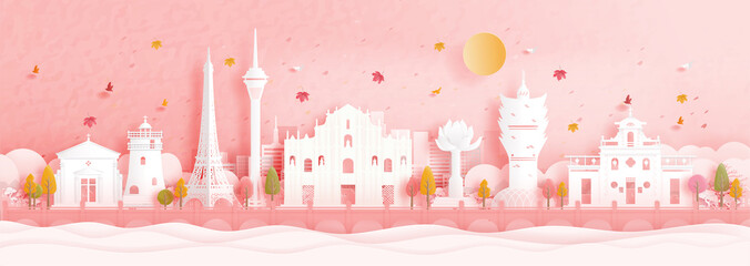 Fototapete - Autumn in Macau, China with world famous landmark in paper cut style vector illustration.