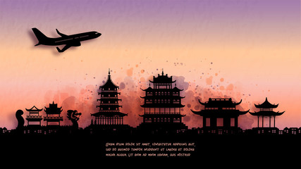 Fototapete - Watercolor of Hangzhou silhouette skyline and famous landmark. vector illustration.